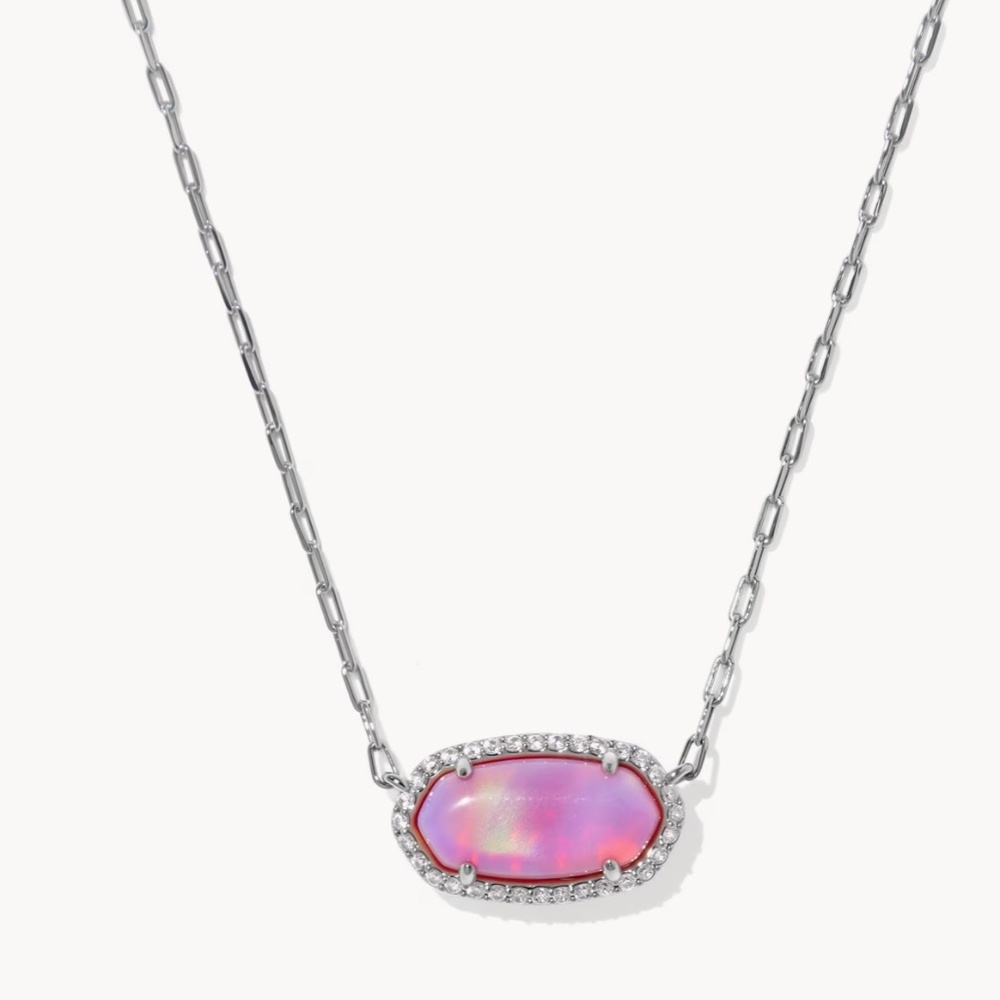 Kendra Scott Elisa Pave Frame Silver Short Pendant in Pink Opalescent Resin